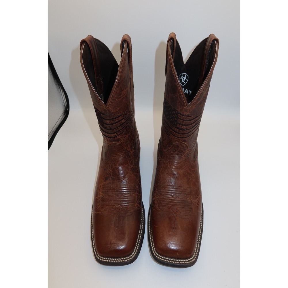 Ariat Brown Leather Western Cowboy Boots Men's 9.5 D Square Toe USA flag detail - Picture 3 of 8